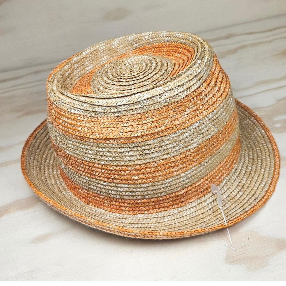 AQUA Made in Italy 100% Straw Striped Fedora Sun Hat Orange Tan